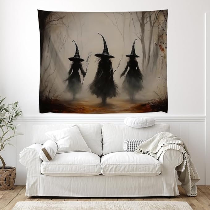 Witchy Halloween Tapestry Wall Hanging Vintage Spooky Witch Room Print Dark Academia Autumn Forest Three Witches Tapestries Decor for Halloween Living Room Bedroom Decoration 50x60inch