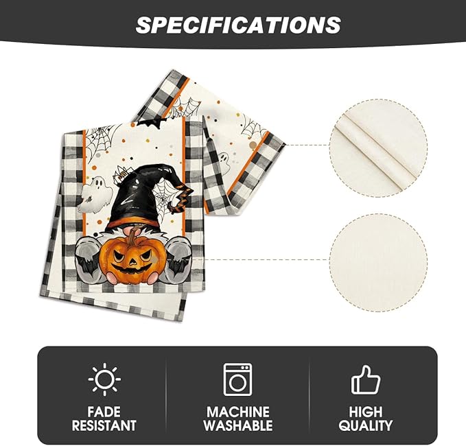 Artoid Mode Buffalo Plaid Gnome Bat Pumpkin Ghost Halloween Table Runner, Sensonal Kitchen Dining Table Decor for Home Party 13 x 72 Inch