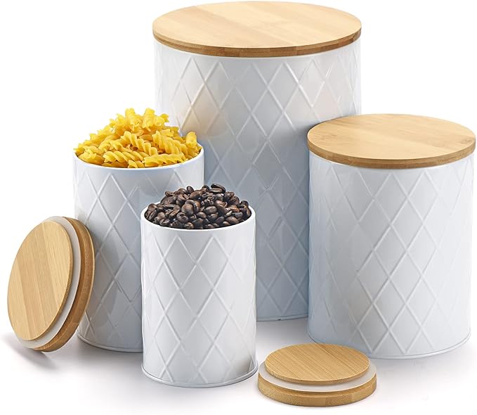 White Kitchen Canisters Set with Bamboo Lids, Airtight Sugar, Flour, Coffee, Cookie Storage Canister Sets for kitchen Countertop, Farmhouse kitchen decor, 4 Pack