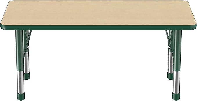 FDP Rectangle Activity School and Kids Classroom Table (24 x 48 inch), Toddler Legs, Adjustable Height 15-24 inches - Maple Top and Green Edge