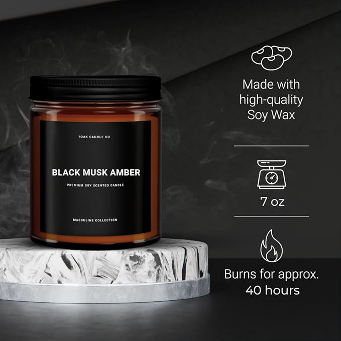 1OAK Black Musk Amber Candle - Soy Wax Scented Candle for Men - 7oz, Long Burning, Masculine - Premium Gift Option