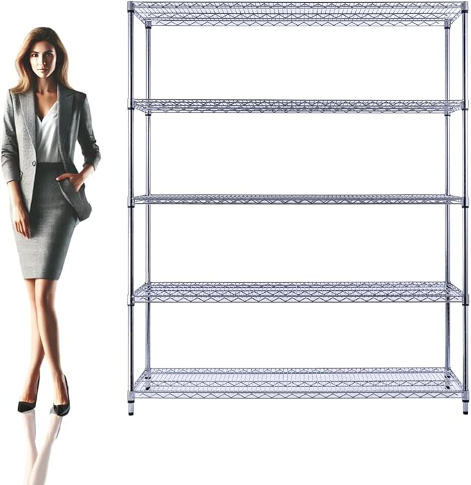 60"x18"x72" Chrome 5-Tier PREMIUM Wire Shelving NSF 4000 LBS MAX CAPACITY Heavy Duty Steel Storage Rack for Warehouses, Garages, Hospitals, Commercial Spaces, & Schools w/PREMIUM WHEELS