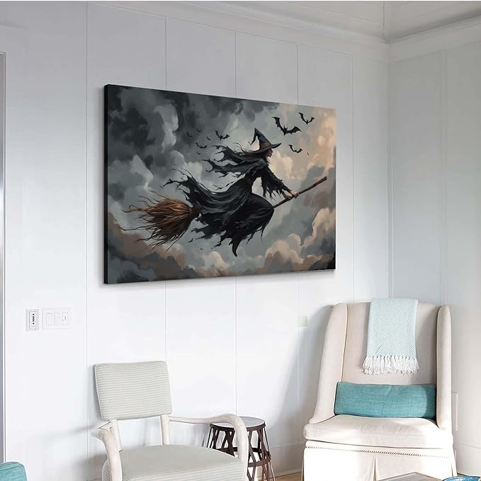 Witch and bat flying Halloween poster suitable for home party wall decoration retro Halloween preppy style wall art canvas print suitable for room decoration16x24in Wood Framed