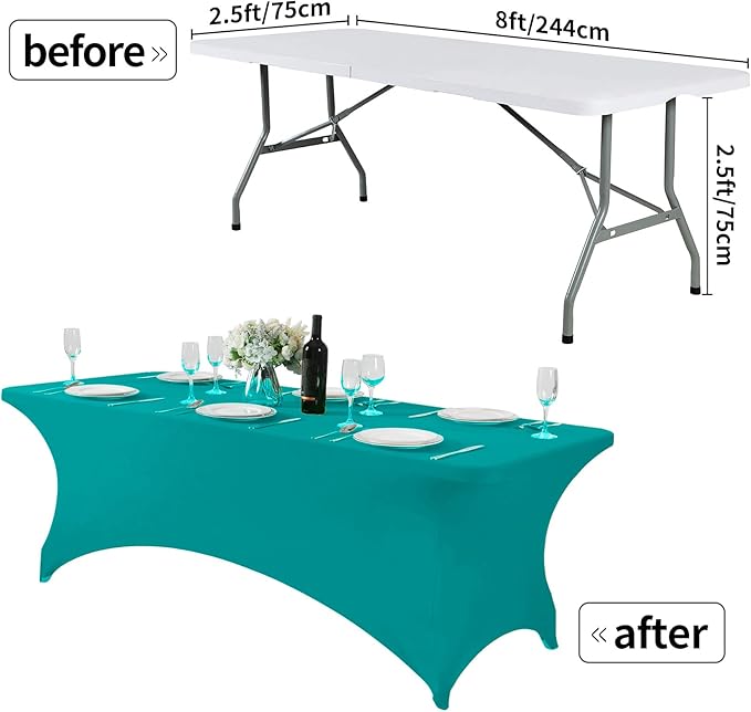 2Pack Spandex Table Cover for 8FT or 4ft or 6ft Table Universal Fitted Stretch Tablecloth for Party, Banquet, Wedding and Events-Turquoise
