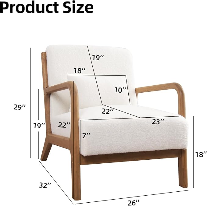 INZOY Mid Century Modern Accent Chair with Lamb Wool Fabric, Upholstered Living Room Chairs with Waist Cushion, Reading Armchair for Bedroom Sunroom, White