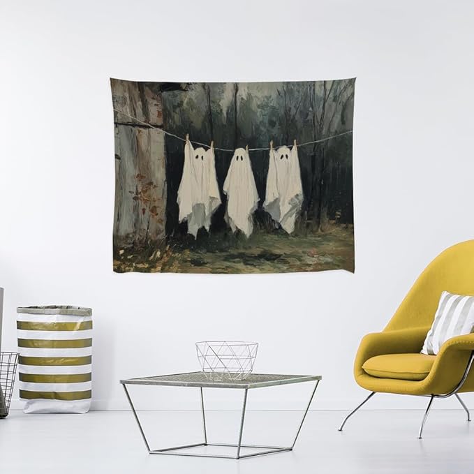 Vintage Halloween Tapestry Funny Ghosts on Clothesline Tapestry Wall Hanging Farmhouse Gothic Room Decor Spooky Ghost Prints for Dark Academia Halloween Party House Decoration Tapestries 50x60inch