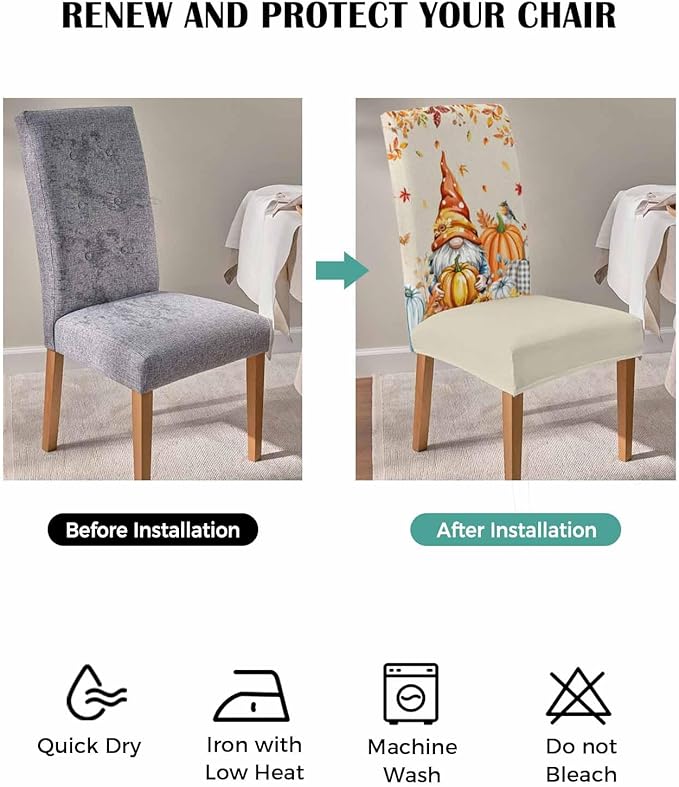 4 Pcs Dining Chair Covers Stretch Spandex Slipcovers Farm Thanksgiving Gnome Pumpkin Removable Washable Dining Room Seat Cover Cushion Protector for Home Hotel Banquet Decor Fall Maple Leaves Linen