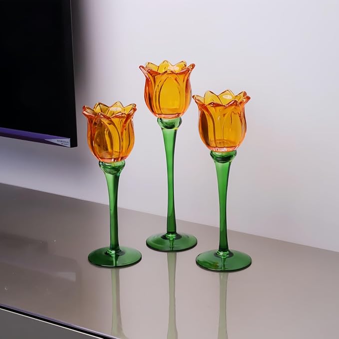 VOHO Orange Tulips Votive Candle Holders for Spring Decor, Elegant Tall Glass Candle Holder Centerpiece Table Decorations, Tulip Tealight Candle Holder for Wedding for Women(Set of3)