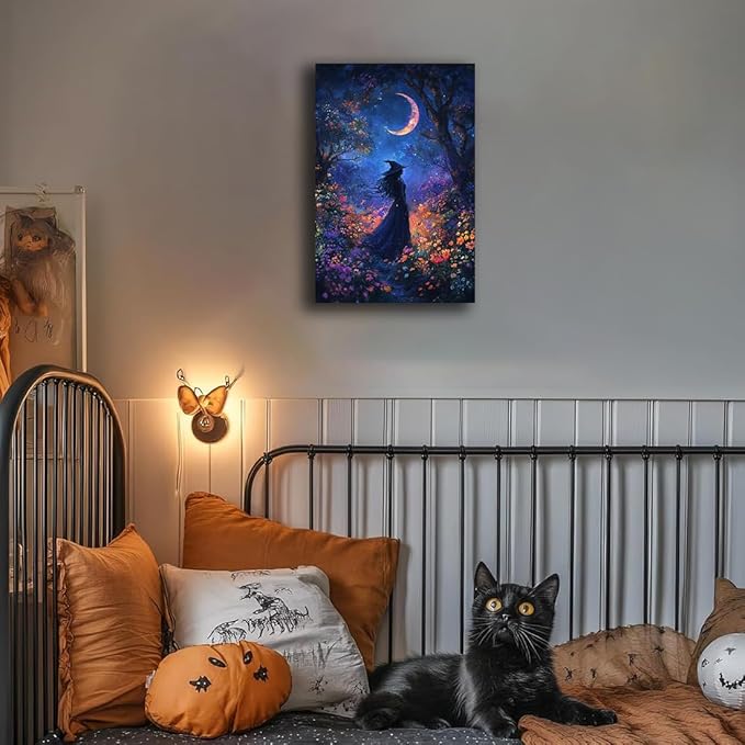 Vintage Halloween Witch Decor Mystic Gothic Wall Art Poster,Enchanting Witch Fall Whimsical Wildflowers Woodland Forest Crescent Moon Picture Art,Creepy Witchy Home Decor,12"x18" Framed