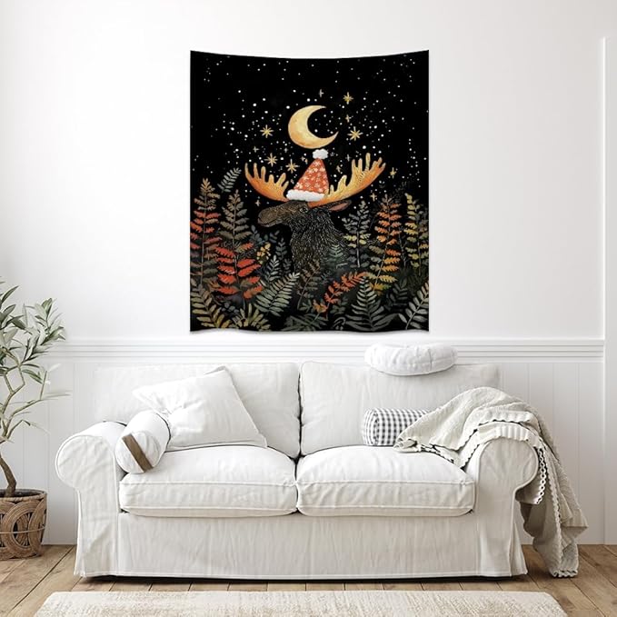 Cute Moose Tapestry Winter Christmas Aesthetic Wall Hanging Decor Funny Animal Lover Gift Whimsical Christmas Tapestries for Nursery Kids Bedroom Home Living Room Decoration 60x80inch