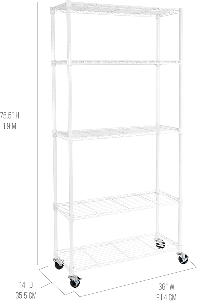 Seville Classics UltraDurable Heavy Duty NSF Solid Steel Wire Rack Storage Unit, Organizer for Garage, Warehouse, Office, Restaurant, Classroom, Kitchen, White, 5-Tier Shelving, 36" W x 14" D