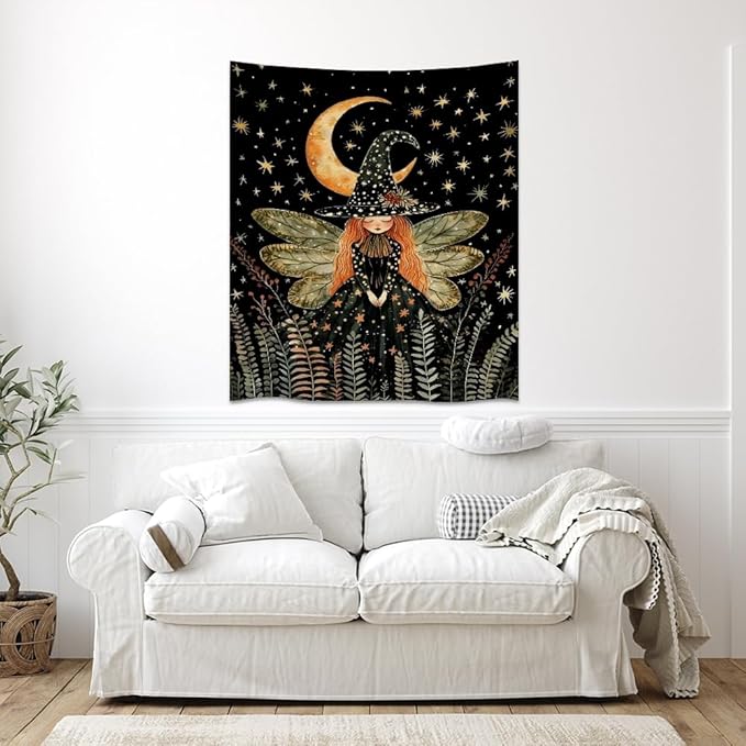 Dark Academia Witch Fairy Tapestry Wall Hanging Magical Moon Starry Night Art Print Halloween Witchy Artwork Aesthetic Wall Tapestries for Girls Bedroom Living Room Dorm Decoration 60x80inch