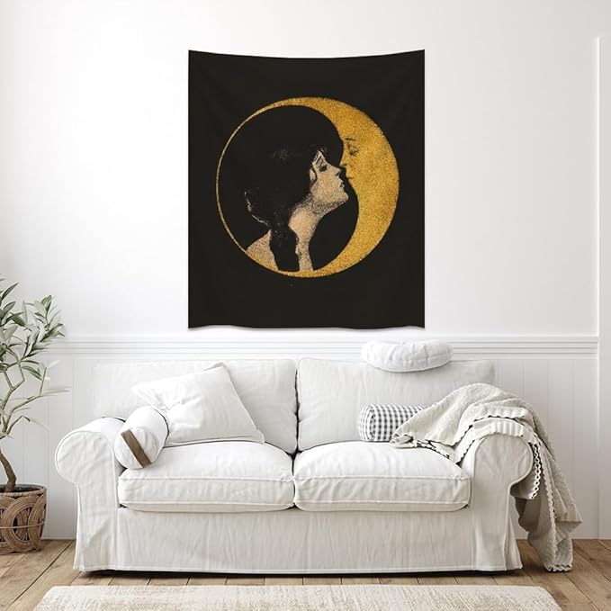 Dark Academia Woman Kissing Moon Art Tapestry Gothic Aesthetic Wall Hanging Witchy Picture Print Moon Goddess Tapestries Wall Decor for Living Room Bedroom Dorm 30x40inch