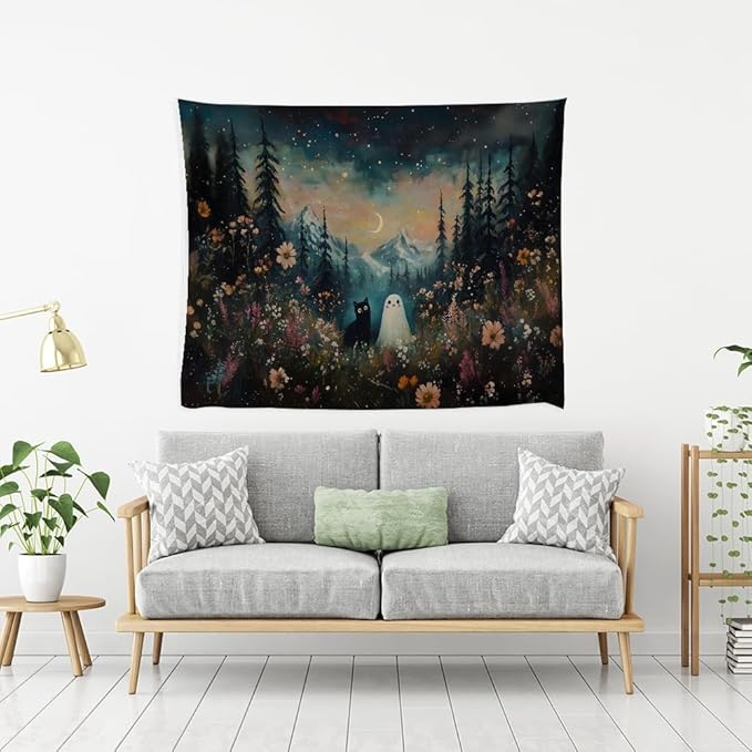 Whimsical Halloween Tapestry Wall Hanging Ghost and Black Cat in Magical Forest Wildflowers Meadow Tapestry Art Print Charming Spooky Fall Season Tapestries for Living Room Bedroom Decor 60x80inch