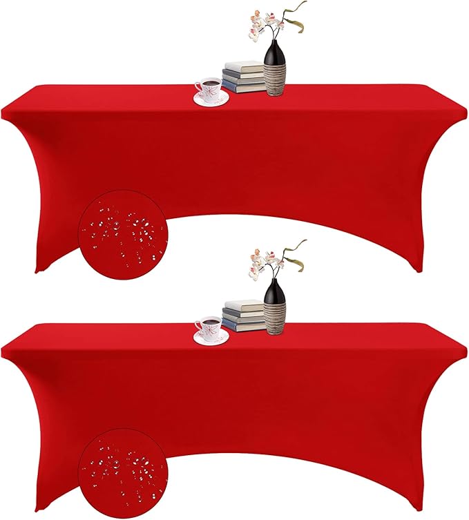 2Pack Spandex Waterproof Table Covers 8ft,Spandex 8ft Waterproof Table Cover for Party,Wedding, Banquet, and Events(Red)