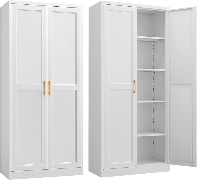 Kitchen Pantry Cabinet,71”White Metal Pantry Storage Cabinet with Doors and 4 Adjustable Shelves,Kitchen Cabinet with 2 Gold Handles,Tall Cabinet for Livingroom,Pantry, Bathroom,Kitchen