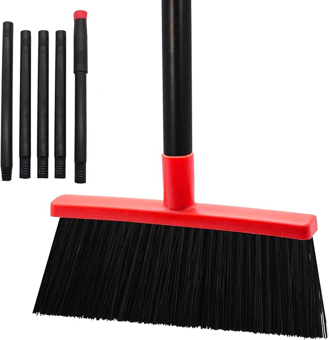 Small Broom Stiff Bristles Brush with Long Handle Indoor or Outdoor Compact Broom for Sweeping Patio Garage Garden,Deck,Concrete Floor,Bathroom (Red)