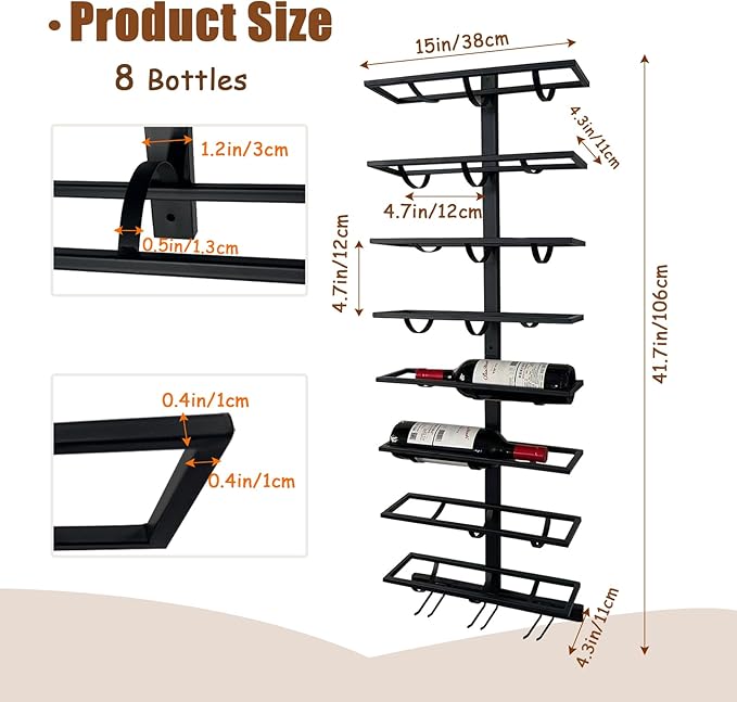 8 Bottle Wall Mount Wine Rack with Wine Glass Holder, Metal Wine Wall Rack, Wall Racks for Wine Bottles Display and Storage, Hanging Bottle Organizer for Living Dining Room Wine Cellar Bar (Black)