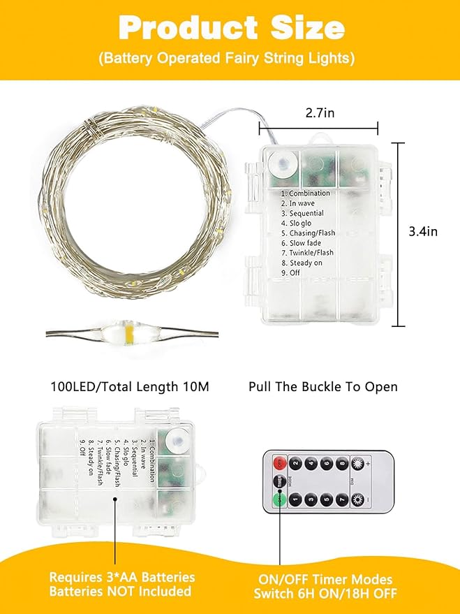 2 Pack 100LED Battery Operated Fairy Lights with Remote, 8 Modes LED String Lights with Timer, Dimmable, Memory Function, Waterproof Twinkle Lights for Outdoor Indoor Christmas Decor(Warm White)