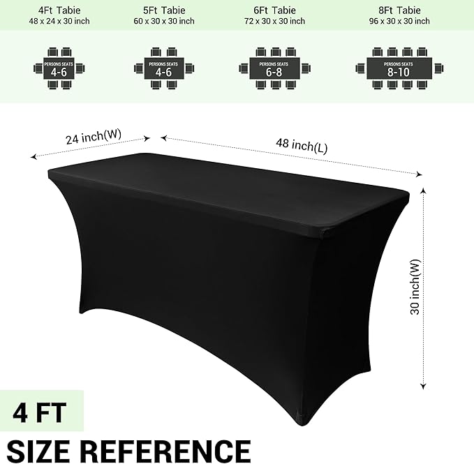 Obstal 4ft Stretch Spandex Table Cover for Standard Folding Tables - 2 Pack Universal Rectangular Fitted Tablecloth Protector for Wedding, Banquet and Party, Black