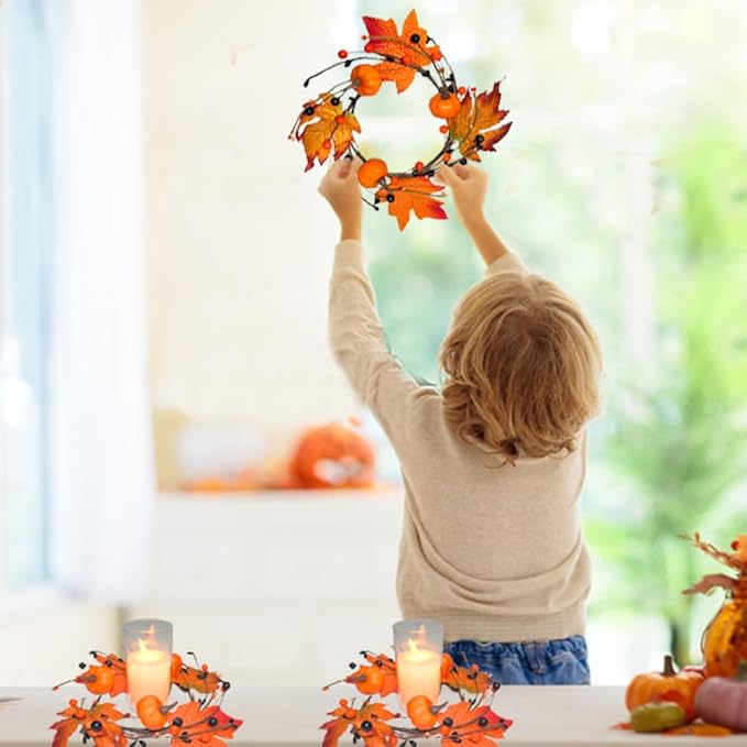 3pcs Fall Candle Rings Wreaths Autumn Maple Leaves Pumpkins Berries Candle Holder Rings Mini Wreaths Decorations for Tables Centerpieces Halloween Thanksgiving Harvest Christmas Home Kitchen Decor