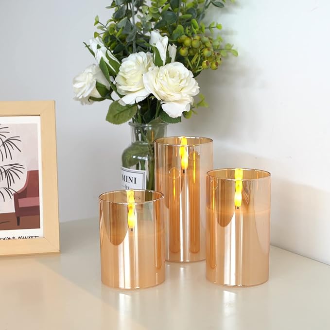 Amagic Gold Glass Flameless Candles Battery Operated with Timer, Remote Control, Flickering LED Fake Pillar Candles for Fall Decoration, Christmas Thanksgiving Decor, Amber, Set of 3