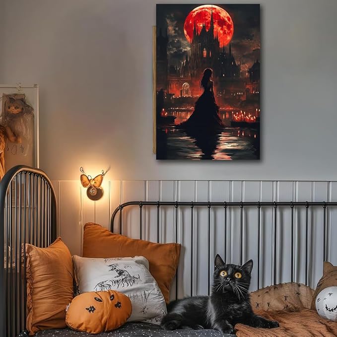 Halloween Witch Poster Canvas Prints Art Vintage Decor,Red Castle Blood Moon and Witch Scene Gothic Painting,Rustic Dark Academia Wall Art for Bathroom Spooky Living Room Wall Decor,24"x36" Framed