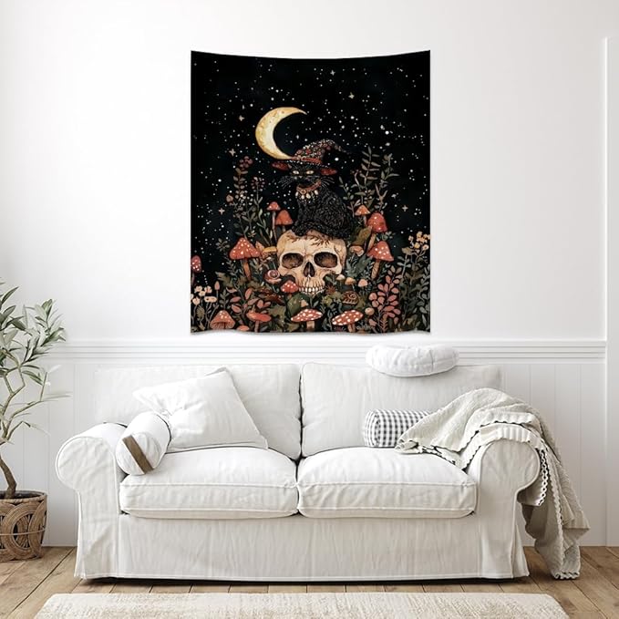 Halloween Witch Cat Tapestry Gothic Skull and Mushroom Artwork Print Spooky Halloween Witchy Wall Hanging Decor Black Cat Crescent Moon art Tapestries for Living Room Bedroom Decoration 70x90inch