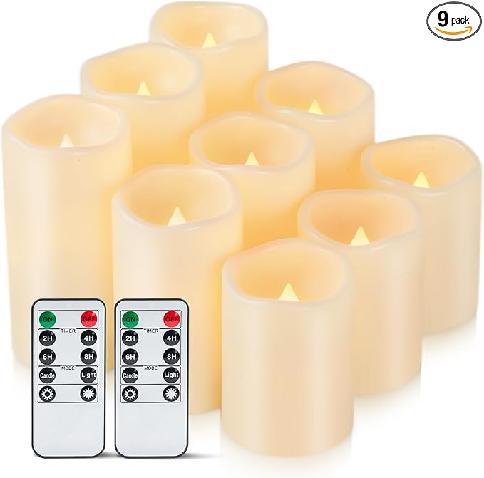 Amagic Waterproof Outdoor Flameless Candles with Timer, Battery Operated Candles with Remote Control, Electric LED Pillar Candle for Outside Patio, Garden, Wedding Decor, D3 x H4 5" 6", Set of 9