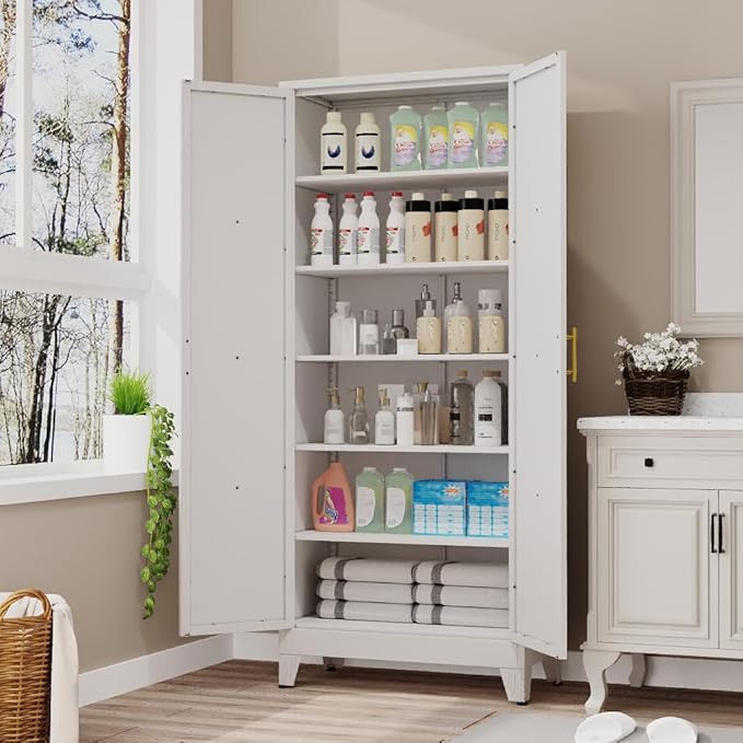 75" Tall Metal Kitchen Pantry Storage Cabinet, Freestanding Cupboard with 2 Doors and 5 Adjustable Shelves, Standing Storage for Kitchen, Bathroom, Garage, Dinning Room or Utility Room(White)