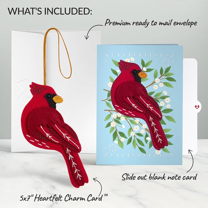 Lovepop Handmade Cheerful Cardinal HeartFelt Charm Card | Soft Felt Bird Keychain for Wallet, Handbag, Car Key, Home Decor | Ornaments, Bag Charms, Key Ring, Purse Accessories, Gift Toppers