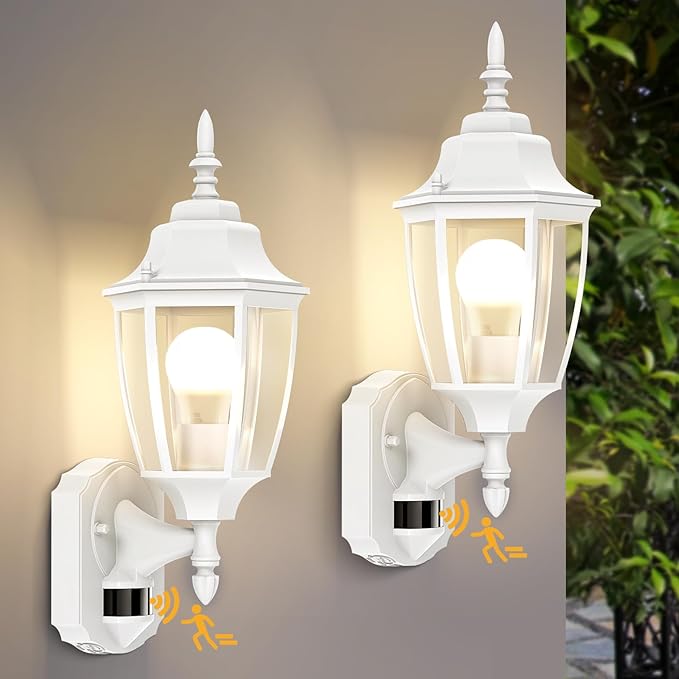 Lamomo Outdoor Wall Sconce, 2 Pack Dusk to Dawn Motion Sensor Light Fixtures, Exterior Aluminum Waterproof Porch Lights for Patio Front Door Garage- White