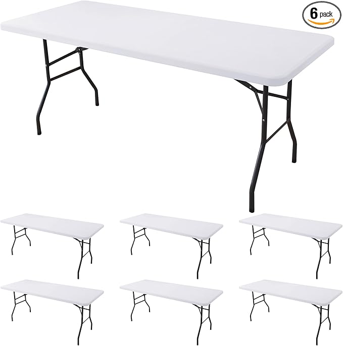 Fitted Tablecloth for 8 Foot Rectangle Tables-6 Pack White Elastic Outdoor Picnic Table Cover-Spandex Stretch Folding Table Cloths 8ft for Camping Dining Room Patio Kitchen Banquet Party
