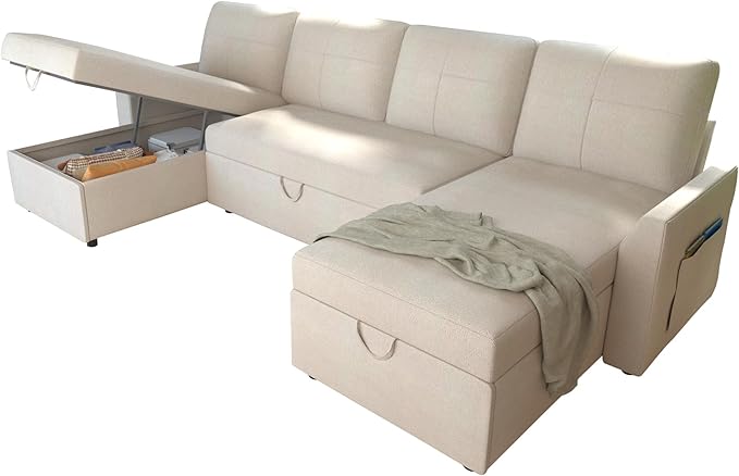 VanAcc Sleeper Sofa, 110 inch Oversize - 2 in 1 Pull Out Bed, Sectional Sleeper Sofa with Double Storage Chaise for Living Room, Beige Chenille Couch