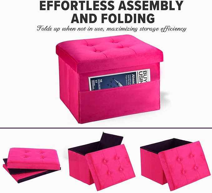 LINMAGCO Storage Ottoman Folding Foot Stool Foot Rest with Side Pocket Modern Ottoman with Storage Short Sofa Stool Velvet 17x13x13(ROSEO)