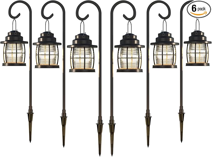 Low Voltage Pathway Lights 1.1W 12V AC Outdoor Shepherd Hook Path Lights 6PK 32 Lumen Metal Landscape Lighting Kit Warm White Hardwired Walkway Light with Connectors and Stakes