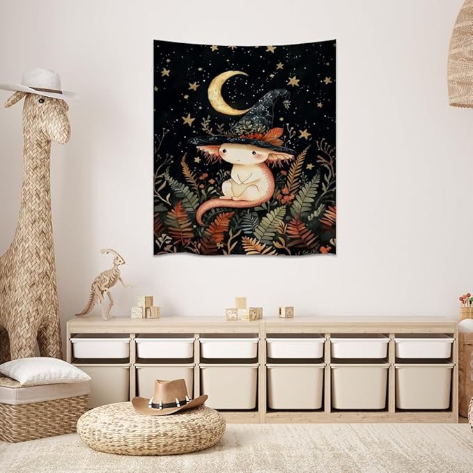 Whimsical Witch Tapestry Wall Hanging Decor Cute Axolotl Tapestry Magical Moon Animal Nursery Decoration Halloween Tapestries wall art for Home Kids Bedroom Living Room 40x60inch