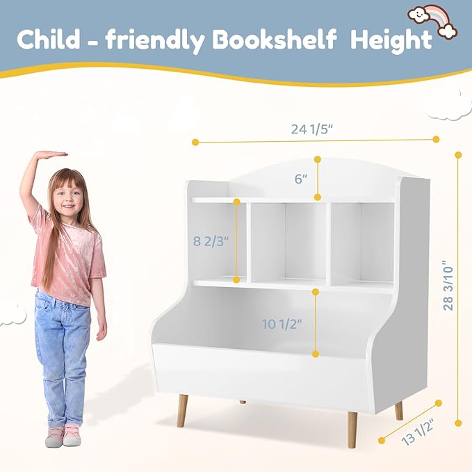 Toy Storage Organizer, 3 Tier Floor Standing Toddler Bookshelf with Legs, 5 Cube Kids Bookshelf and Toy Storage, Book Shelf for Kids Room, Living Room, Nursery, White