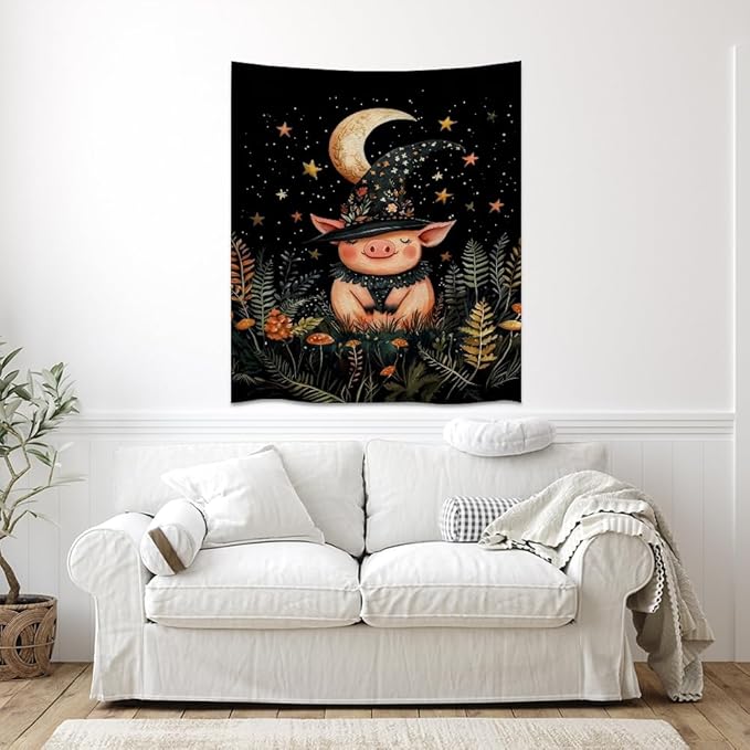 Whimsical Witch Pig Tapestry Wall Hanging Cute Farmhouse Animal Tapestry Aesthetic Moon and Stars Pictures Print Cottagecore Witchy Halloween Artwork Tapestries Decor for Living Room Bedroom 70x90inch