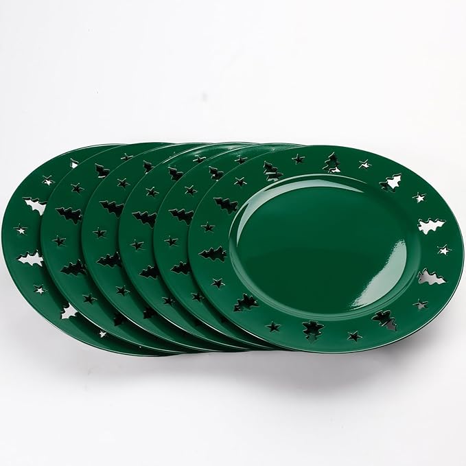 Christmas Charger Plates - 13" Christmas Tree Openwork Holidays Decorations Round Chargers for Dinner Plates - Elegant Table Centerpieces - Hunter Green, 6 Pack