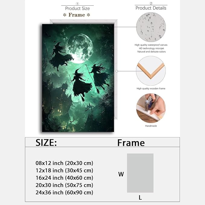 Flying Three Witches Halloween Canvas Wall Painting,Witches on Broom Under Full Moon Castle Victorian Decoration Haunted House Retro Poster for Living Room Bedroom Gallery,20"x30" Framed