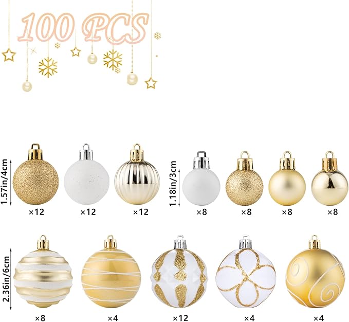 100Pcs Christmas Balls Ornaments Set, Shatterproof Christmas Decorations with Hand-held Gift Package for Xmas Tree/Holiday/Wedding/Holiday/Party Decor (Gold & White)