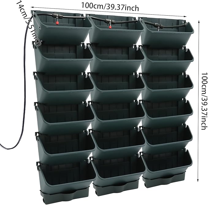 18 Pots Self-Watering Vertical Wall Planter, 39.4โL x 39.4โH Stackable Plastic Wall-Mounted Plant Grow Pots, Wall Hang Garden Planter Outdoor Indoor for Herbs Flowers Strawberries (Green)
