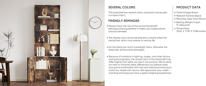 Tall Brown Wooden Bookshelf with Cabinet and Doors – 70.86" Bookcase with Doors, 6 Shelf Freestanding Tall Book Shelf for Living Room Storage, Bedroom, Home Office Organization – Brown Bookcase Wood