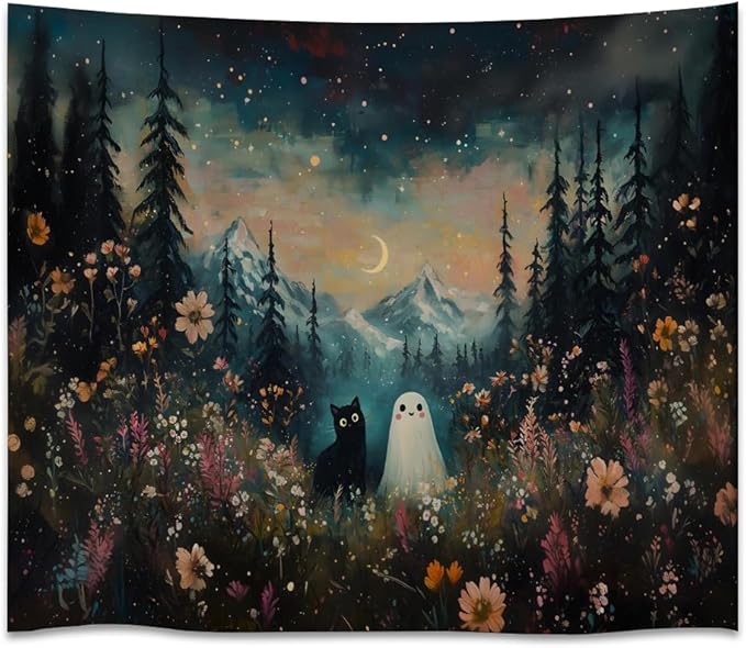 Whimsical Halloween Tapestry Wall Hanging Ghost and Black Cat in Magical Forest Wildflowers Meadow Tapestry Art Print Charming Spooky Fall Season Tapestries for Living Room Bedroom Decor 40x60inch