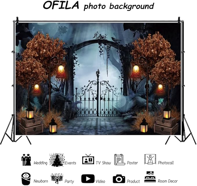 Durable Fabric Halloween Backdrop 7x5ft Horror Cemetery Iron Gate Scary Halloween Photo Background for Photography Halloween Party Decorations Banner Photo Studio Decoration Supplies