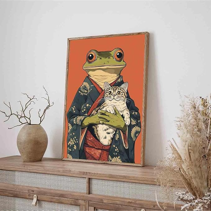 Japanese Frog Wall Art Funny Frog Posters Cute Cat Poster Japanese Cat Poster Funny Animal Wall Art Retro Animal Prints Whimsical Prints Aesthetics Vintage Abstract Painting Decor 16x24inch No Frame
