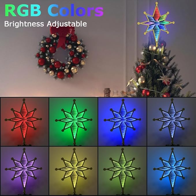 MEETYAMOR Christmas Tree Topper, 13" 130 LEDs RGB Color Change Lighted 8-Point Star Tree Topper, App, Remote & Touch, USB Powered 3D Infinity Mirror Music Sync Treetop Decorations for Xmas Party Gift