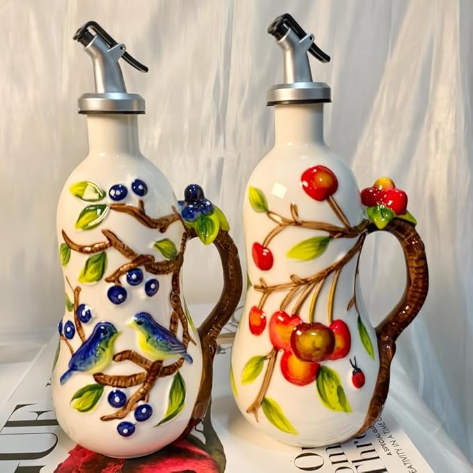18.26oz/540ml Ceramics Olive Oil Dispenser Bottle,Hand Painted Reliefs Oil Dispenser for Kitchen,Oil Bottles for Kitchen (Cherry)