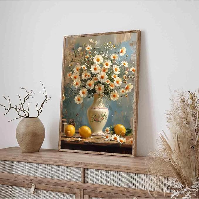 Lemon Tree Canvas Wall Art White Flowers Painting Rustic Fruit Pictures Vintage Lemon Wall Art Flowers In A Vase Canvas Still Life Kitchen Prints Farmhouse Country Pictures Vintage 16x24inch No Frame